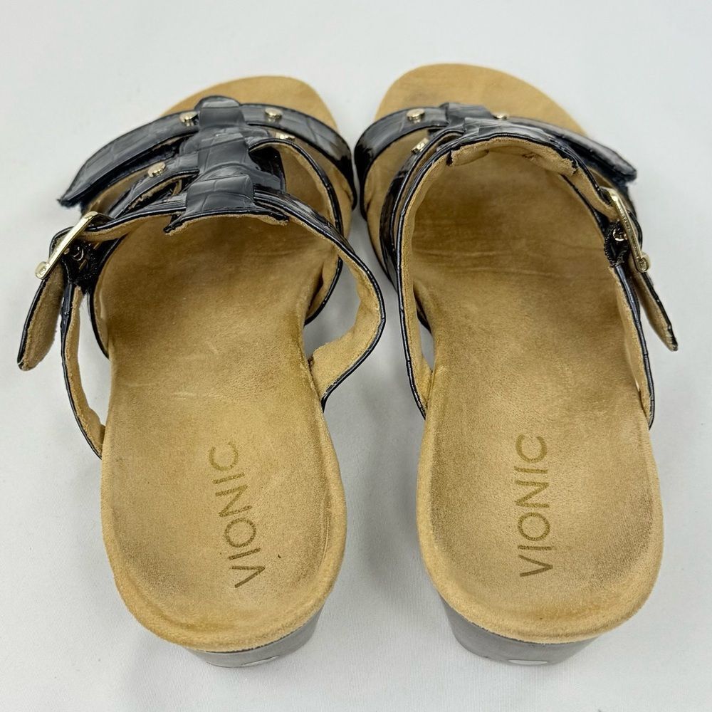 Vionic RADIA Blue Patent Reptile Embossed Triple T Strap Slide Wedge Sandals - Picture 11 of 14